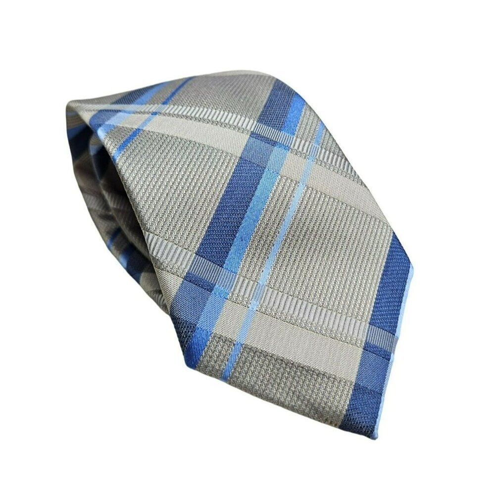 Calvin Klein NWT Mens Plaid Silk‎ & Polyester Tie Blue/Gray